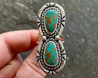 SIZE 7.5 Tyrone Turquoise Sterling Silver Shadowbox Stamped Double Stones Statement Oversized Southwest Chunky Ladies Ring