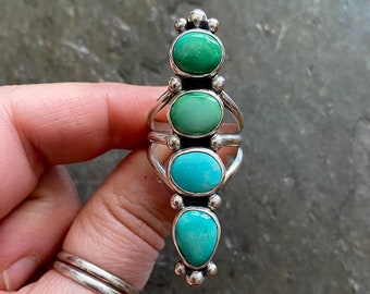 SIZE 8 Royston Turquoise Ombre Green Sterling Silver Blue Stacked Totem Stones Southwestern Oversized Statement Chunky Ladies Cocktail Ring