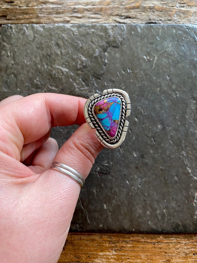 SIZE 8.5 Pink Spiny Oyster Shell Purple Mohave Turquoise Sterling Silver Cut Out Stone Statement Oversized Southwest Ladies Cocktail Ring image 1