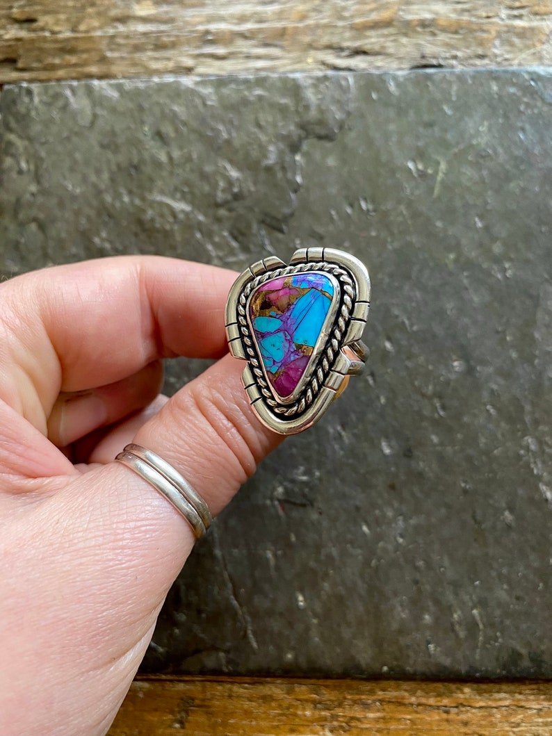 SIZE 8.5 Pink Spiny Oyster Shell Purple Mohave Turquoise Sterling Silver Cut Out Stone Statement Oversized Southwest Ladies Cocktail Ring image 3