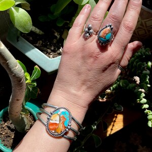 Spiny Oyster Shell Kingman Turquoise Sterling Silver Southwestern Oversized Cuff Statement Ladies Bracelet Size M/L image 3