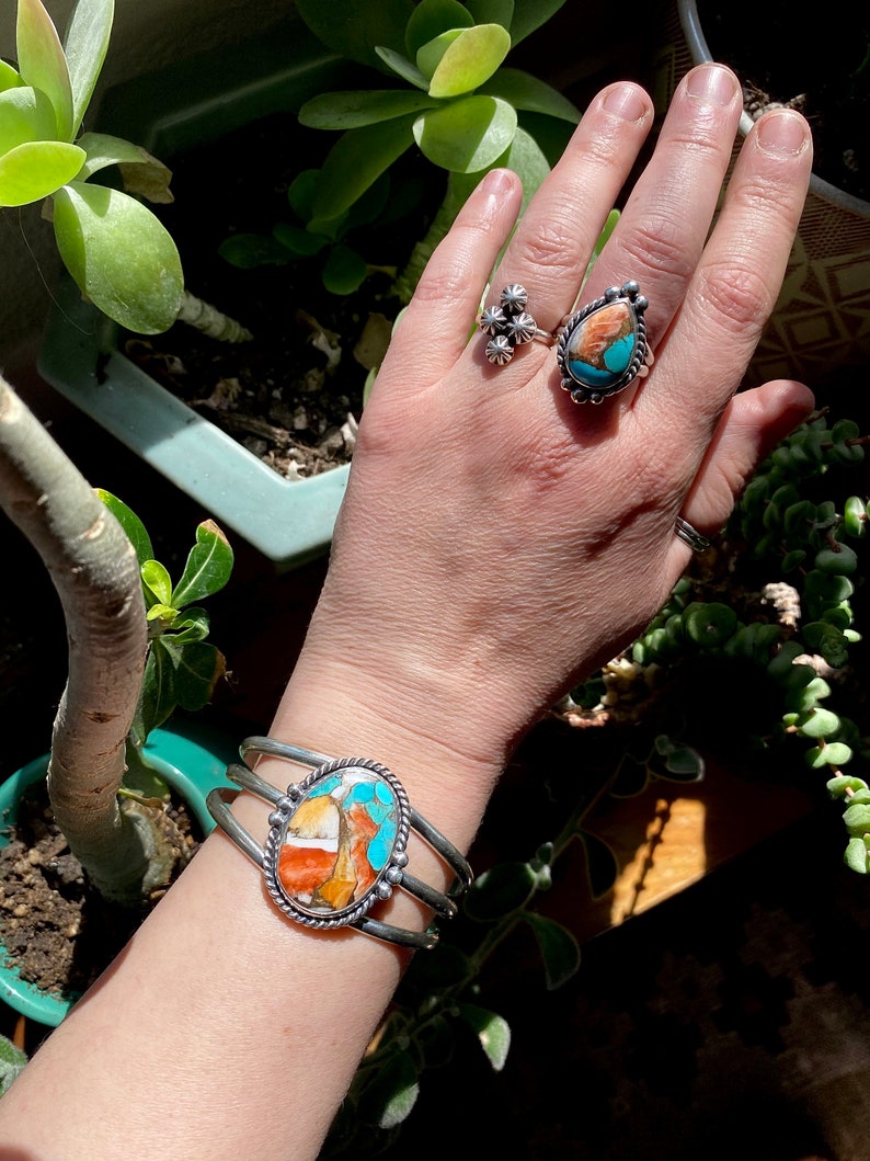 Spiny Oyster Shell Kingman Turquoise Sterling Silver Southwestern Oversized Cuff Statement Ladies Bracelet Size M/L image 3