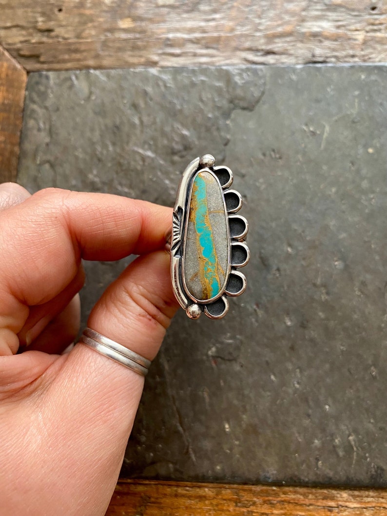 SIZE 9.5 Royston Ribbon Turquoise Sterling Silver Stamped Freeform