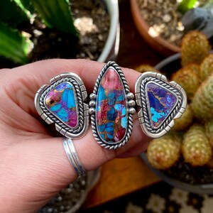 SIZE 8.5 Pink Spiny Oyster Shell Purple Mohave Turquoise Sterling Silver Cut Out Stone Statement Oversized Southwest Ladies Cocktail Ring image 5