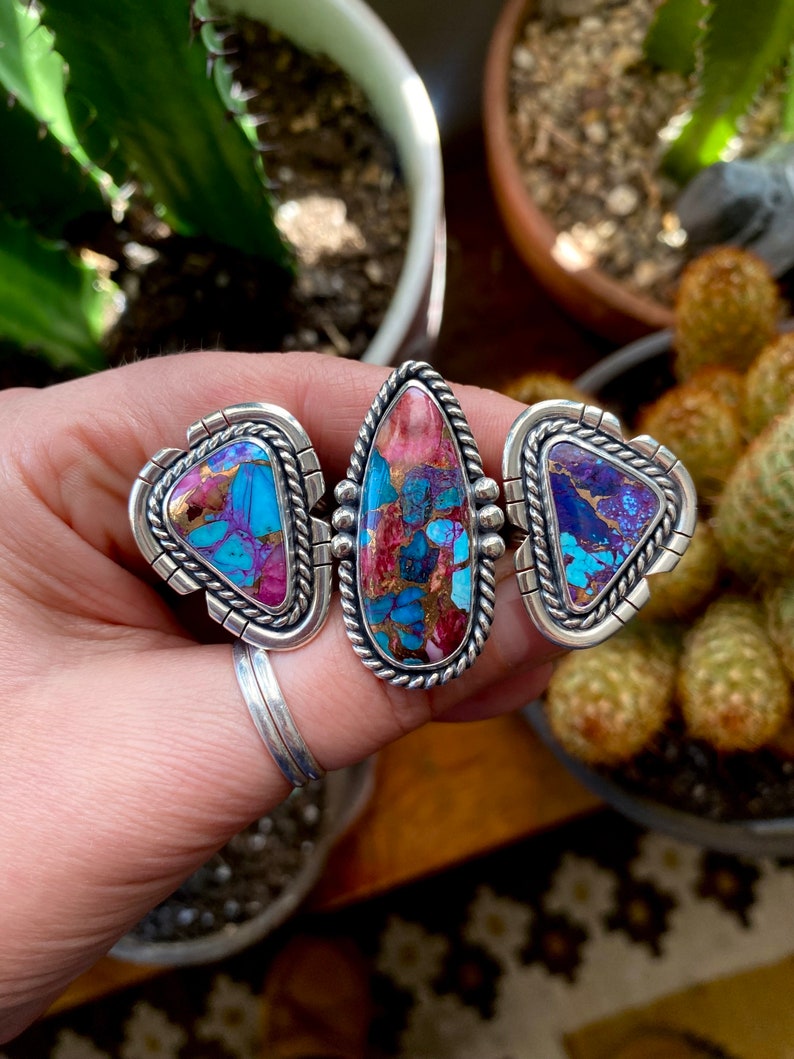 SIZE 8.5 Pink Spiny Oyster Shell Purple Mohave Turquoise Sterling Silver Cut Out Stone Statement Oversized Southwest Ladies Cocktail Ring image 5