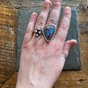 SIZE 8.5 Pink Spiny Oyster Shell Purple Mohave Turquoise Sterling Silver Cut Out Stone Statement Oversized Southwest Ladies Cocktail Ring image 4