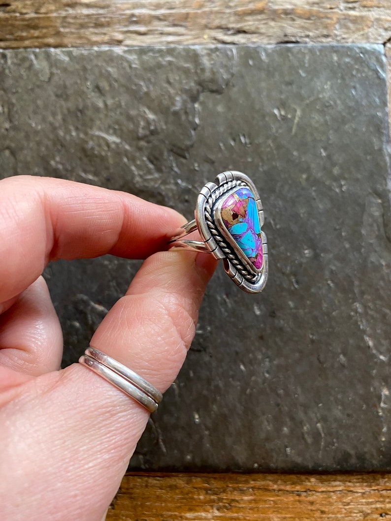 SIZE 8.5 Pink Spiny Oyster Shell Purple Mohave Turquoise Sterling Silver Cut Out Stone Statement Oversized Southwest Ladies Cocktail Ring image 2