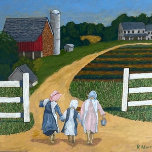Three farm girls returning home from berry picking