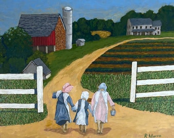 Three farm girls returning home from berry picking