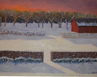 Winterlicher Bauernhof bei Sonnenuntergang, Ölgemälde, Landschaft von Bucks County, 16x20