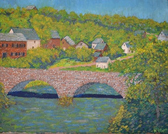 Ölgemälde „Creekside Village“, Steinbrücke, Kunst aus Bucks County (11x14)