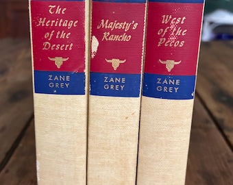 Conjunto vintage de três romances de Zane Gray: Walter J. Black, Majesty’s Rancho West of the Pecos e The Heritage of the Desert.