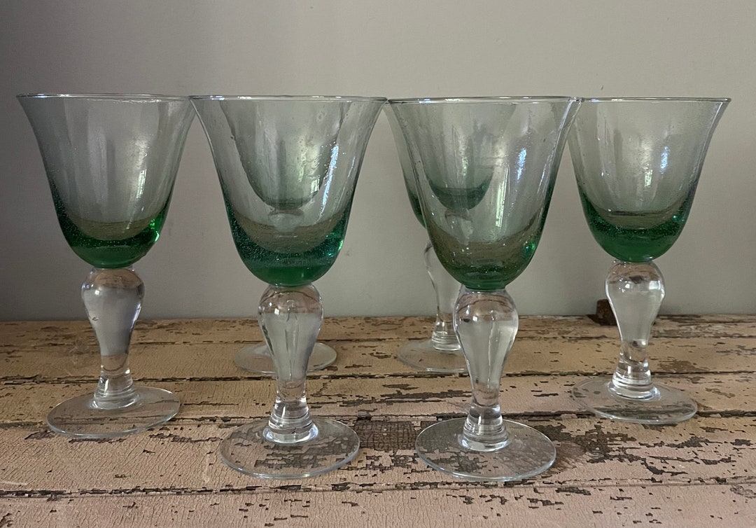 Vintage Green and Clear Glass Water Goblets Wine Glasses Etsy