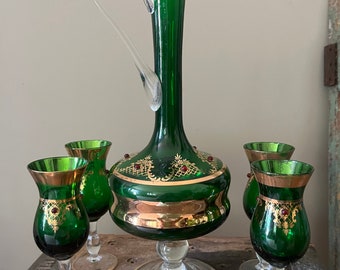 Vintage Mid Century Italian Glass Pitcher Four Glasses Red Stones Gold Green Stunning