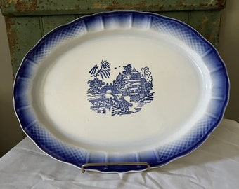 Vintage Blue Willow Oriental Style Platter Dining and Serving