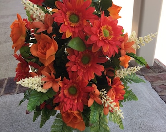 Cemetery Flower~Styrofoam Vase Insert~Memorial Flower~360 View Arrangement~Shades of Orange~Flowers for Existing Vase~Grave Decoration~