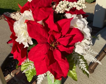 Cemetery Christmas/Winter Vase Arrangement~For Existing Vase~Styrofoam Insert~360 View~Poinsettia~Hydrangea~Berries~Grave Decoration