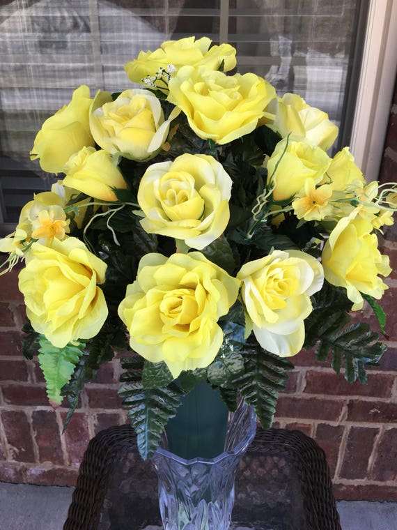 Cemetery Flowersyellow Silk Rosescemetery Vase Arrangement Etsy
