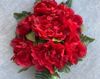 Mausoleum~Cemetery Flowers~Red Peonies~Styrofoam Insert~Flat back/One sided Arrangement~Grave Decoration~In Loving Memory