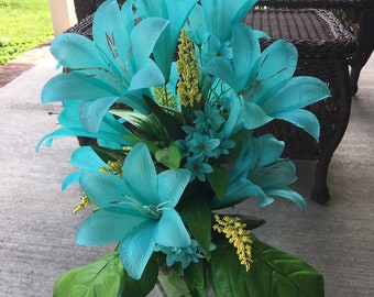 Cemetery Flowers~Memorial Flowers~Styrofoam Vase Insert~Flowers for Existing Vase~Grave Decoration~Turquoise Lilies~360 View Arrangement