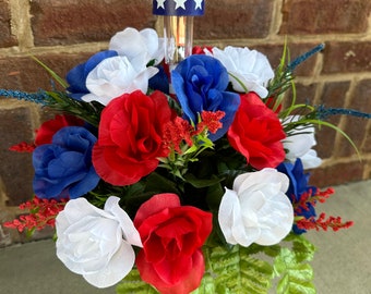 Patriotic Cemetery Flowers with Solar Light~Styrofoam Insert for Existing Vase~360 View Arrangement~Grave Decoration~Memorial~Red White Blue