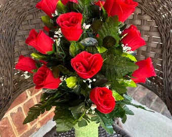 Cemetery Flowers~Red Roses~Styrofoam Vase Insert for Existing Vase~360 View Arrangement~Grave Decoration~In Loving Memory