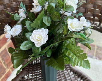 Cemetery Flowers~White Miniature Silk Roses~Small grave/Baby/Child~Memorial~Small Vase with Spike~Graveside Flowers~In Loving Memory