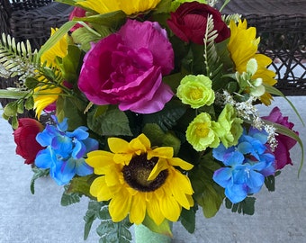 Cemetery Flowers~Mix~Rose~Hydrangea~Peony~Sunflower~Styrofoam Vase Insert~360 View Arrangement~For Existing Vase~In Loving Memory