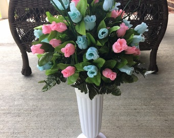 White Cemetery Vase with Spike~Memorial Flowers~Cemetery Flower~Grave Decoration~Baby Pink & Blue Pixie Roses~In Loving Memory