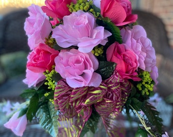 Cemetery Flowers~Pink Silk Roses~Bow~Memorial Flowers~Styrofoam Vase Insert for Existing Vase~360 View Flower Arrangement~Flowers for Grave