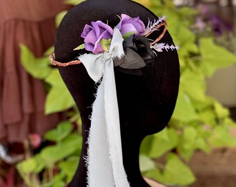 Hemp Flower Crown. Hand torn silk ribbon almost 1 yard long, Inlarge photo to appreciate!