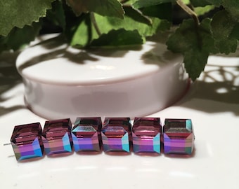 6 Swarovski 8mm Amethyst AB Cube Beads