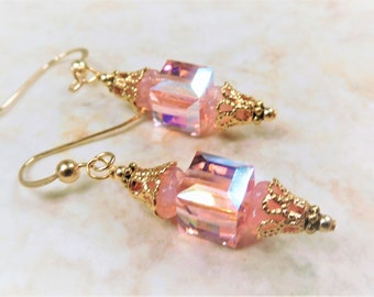 Finished Jewelry Pink and Gold Swarovski Earrings