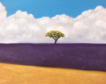 Lavender oil painting, oil on canvas, landscape oil painting, tree art , ooak original oil painting, flowers painting, fields painting