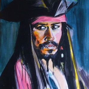 Capitano Jack Sparrow, Johnny Depp, Pirati dei Caraibi, pittura acrilica, dipinto su carta tela A3. Pira