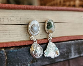 Hand Forged Fine Silver Shell Earrings, Ocean Jasper, 14k Gold