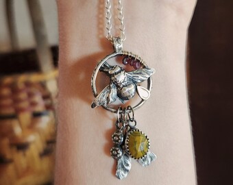 Sterling Silver Bee Pendant Necklace, Ocean Jasper, Ruby, 14k Gold Honey Drop