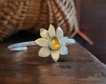 Sterling Silver Bracelet, Spring Ephemerals, Bloodroot Flower, Native Wildflower Jewelry, Metalsmith Jewelry, Citrine