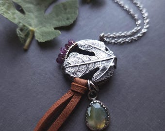 Fig Leaf Sterling Silver Necklace, Ocean Jasper, Ruby Beads