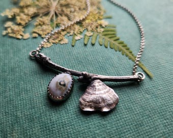 Sterling Silver Twig Necklace, Cast Fungi, Ocean Jasper, Woodland Talisman, Handcrafted (20" Chain)