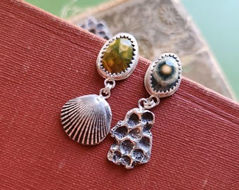 Fine Silver Shell Earrings, Ocean Jasper, Coastal Jewelry