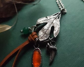 Sassafras Jewelry, Leaf Necklace, Carnelian, Sterling Silver, Handcrafted, Nature Shrine, Cast charms, Woodland Lover