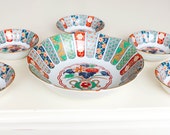 Oriental Bowls - Arita Imari Fan Bowls - Fine Japanese Porcelain - Matching Set - Amazing Design - Bright Colors Red Blue Green Gold White