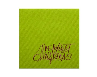 Burgundy on Olive Merriest Christmas foil printed 5" x 5" cocktail napkins - by Kate Chambers Designs