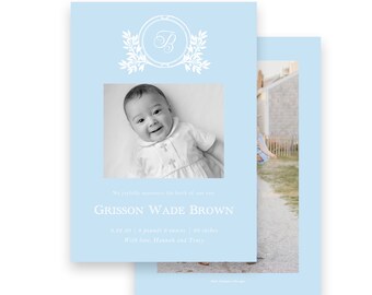 Baby Birth Announcement - boys blue white crest - by Kate Chambers Designs
