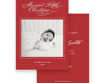 Christmas Holiday photo card - Calligraphy red Merriest Little Christmas birth announcement - by Kate Chambers Designs