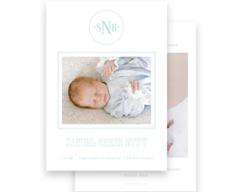 Baby Birth Announcement - boys blue monogram wreath - by Kate Chambers Designs
