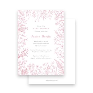 Invitación a la despedida de soltera o bebé - Chicas con borde botánico de flores silvestres rosas - por Kate Chambers Designs
