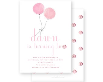 Birthday Invitation - Watercolor pink balloons doughnuts party- by Kate Chambers Designs