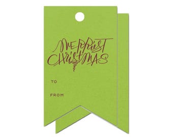 Burgundy Lime Green "Merriest Christmas" Foil Holiday gift tag enclosure